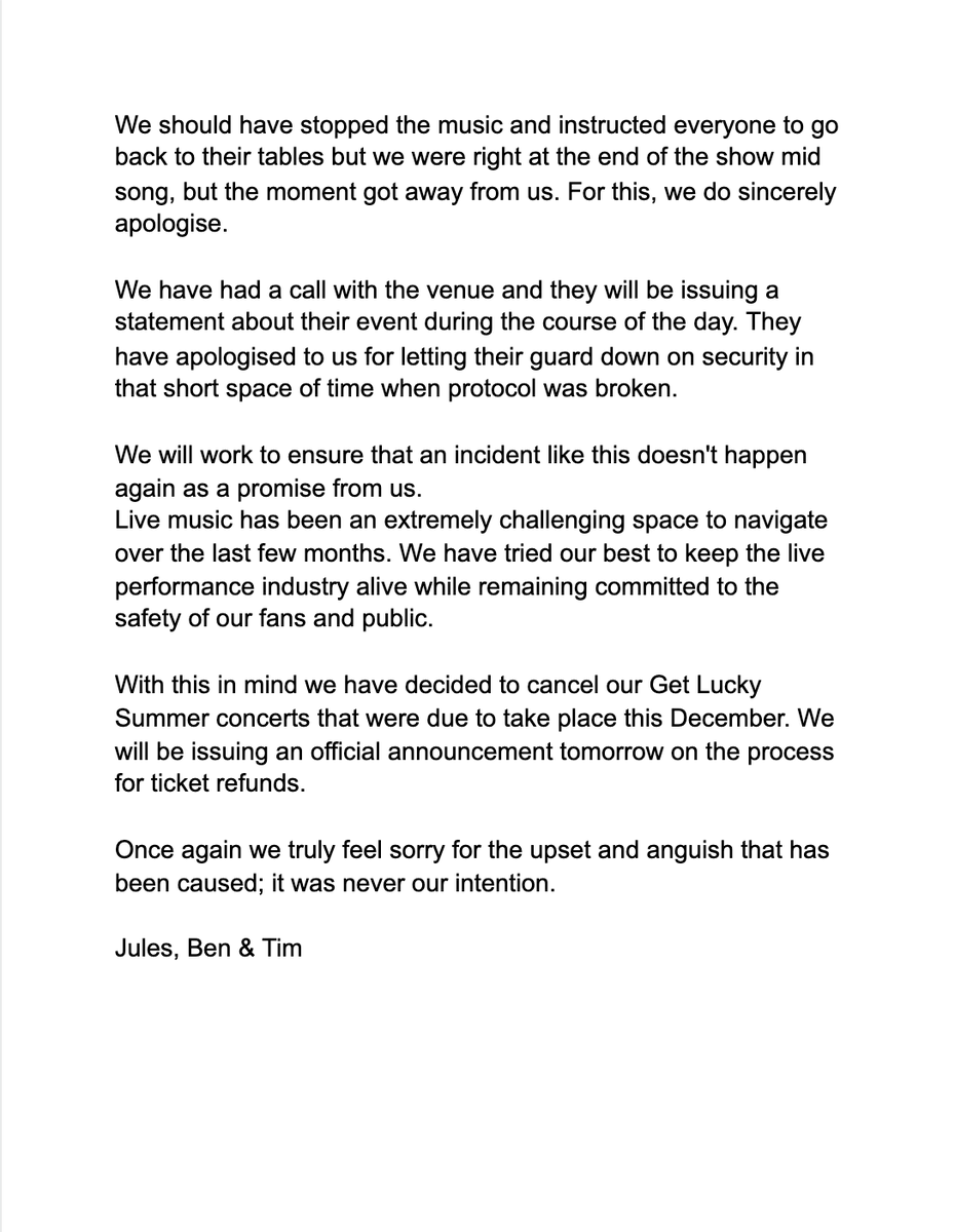 We would like to offer our sincerest apology to all of our fans, friends and family. We had nothing but the best of intentions going into Sunday's performance &amp; we are bitterly disappointed that things got out of control for even 1 minute. Its a massive reminder to stay vigilant.