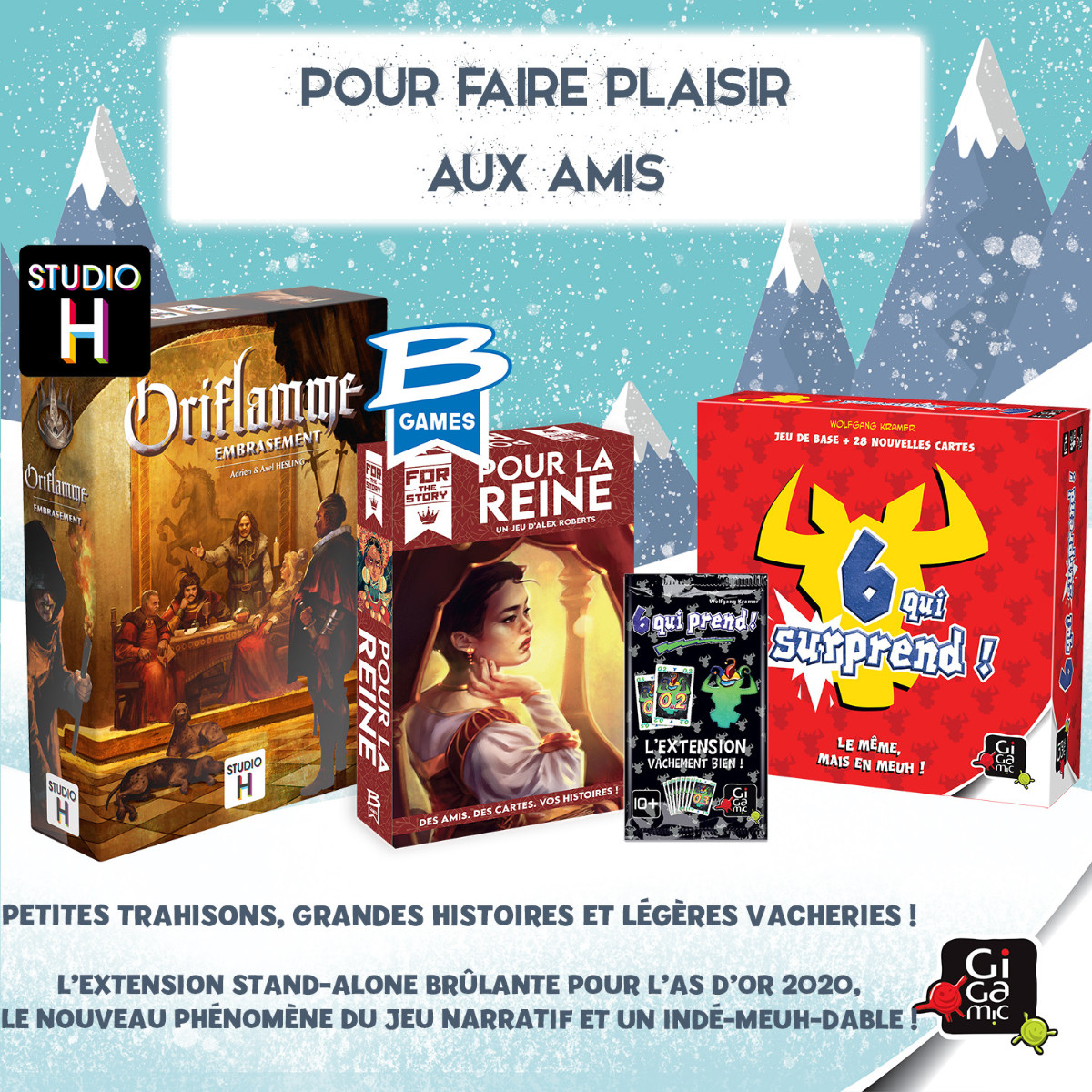 Gigamic's tweet photo. 🎁 S3 - Gigalendrier de Noël 🎄

Cette semaine on s'y met à 3 pour vous offrir ce beau lot de #j2s ! 😍

Tentez votre chance pour gagner #OriflammeEmbrasement #PourLaReine et #6quiSurprend
➡️ Follow @Gigamic @BrageGames et @Studio_H_Games
➡️ RT ce tweet avant le 20/12 minuit https://t.co/oc0UUMtfGg