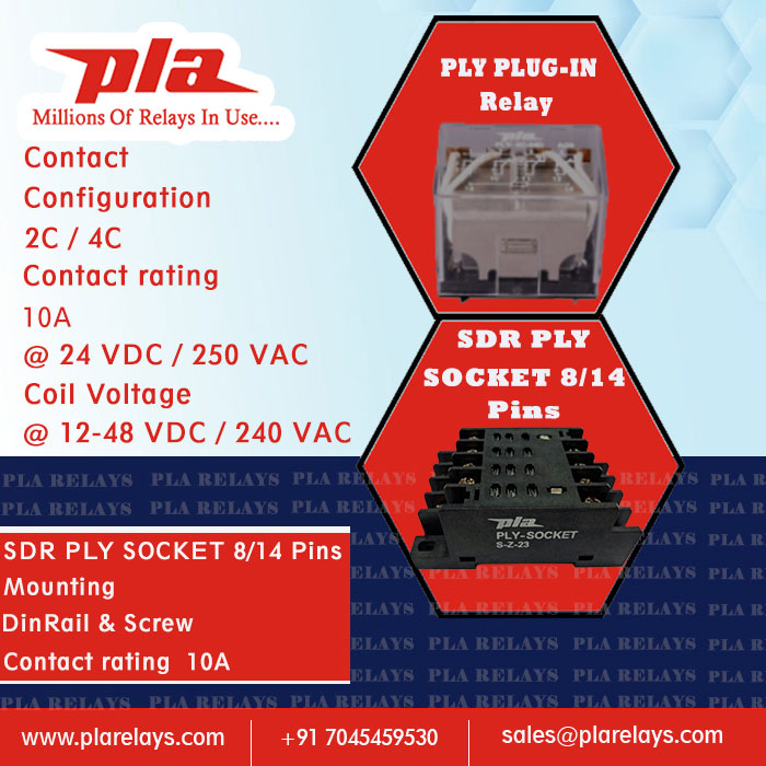 PlaRelays's tweet image. PLY Plugin Relay with 
SDR PLY socket 8/14 pins
Contact configurtion
2C/4C
contact rating 
10A
@ 24 VDC / 250 VAC
Coil Volatge 
@12-48 VDC / 240 VAC
plarelays.com
sales@plarelays.com
follow us on instagram 
instagram.com/plarelays/
#plarelays #pluguinrelay #pcbmountrelay