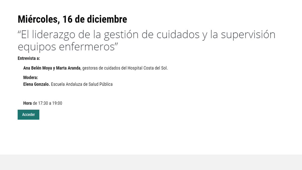 EASPsalud's tweet photo. 🆕#HablemosdeCuidados

“El liderazgo de la #gestióncuidados y supervisión equipos enfermeros”

👀 https://t.co/6da2HUSQ5Z

🗓️16/12 - 🕚17:30h
Virtual-en abierto

✅ Ana B Moya @Ana_Belen_Moya y ✅ Marta Aranda @ArandaGallardo del @ASCostadelSol 
Modera:✅ Elena Gonzalo @egonzaloj https://t.co/Bo1pzjUgFY