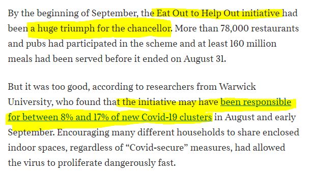 5/ Eat out to help out was design to crush our fear of the virus, not as an economic boost: it not only spread infections but caused behaviours (believing life was normal) which further spread infections. Sunak is a herd immunity advocate in my opinion.