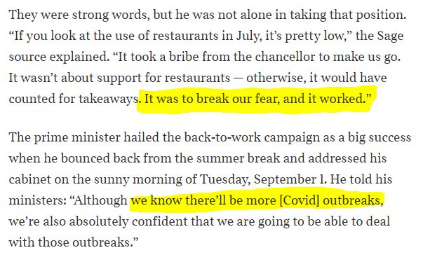 5/ Eat out to help out was design to crush our fear of the virus, not as an economic boost: it not only spread infections but caused behaviours (believing life was normal) which further spread infections. Sunak is a herd immunity advocate in my opinion.