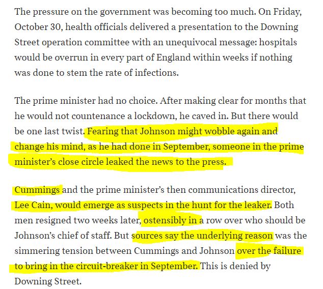 6/ Whilst many in remain celebrating as Cummings was fired, it looks like these celebrations were unjustified. Cummings was pro-lockdown and either Cain or Cummings leaked the 2nd lockdown plan to prevent Johnson from not locking down. They were fired over this.