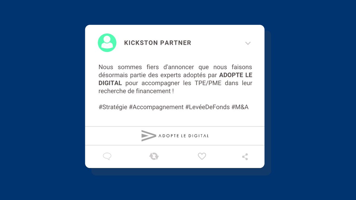 Kickston_co's tweet photo. Nous sommes très heureux de rejoindre l'initiative Adopte Le Digital en tant qu'expert dans la recherche de financement 💪

Le savoir-faire et l'expérience de Kickston Partner seront mis à disposition des dirigeants de TPE/PME qui souhaitent accélérer leur croissance 🚀 https://t.co/IQG02Zfnqx