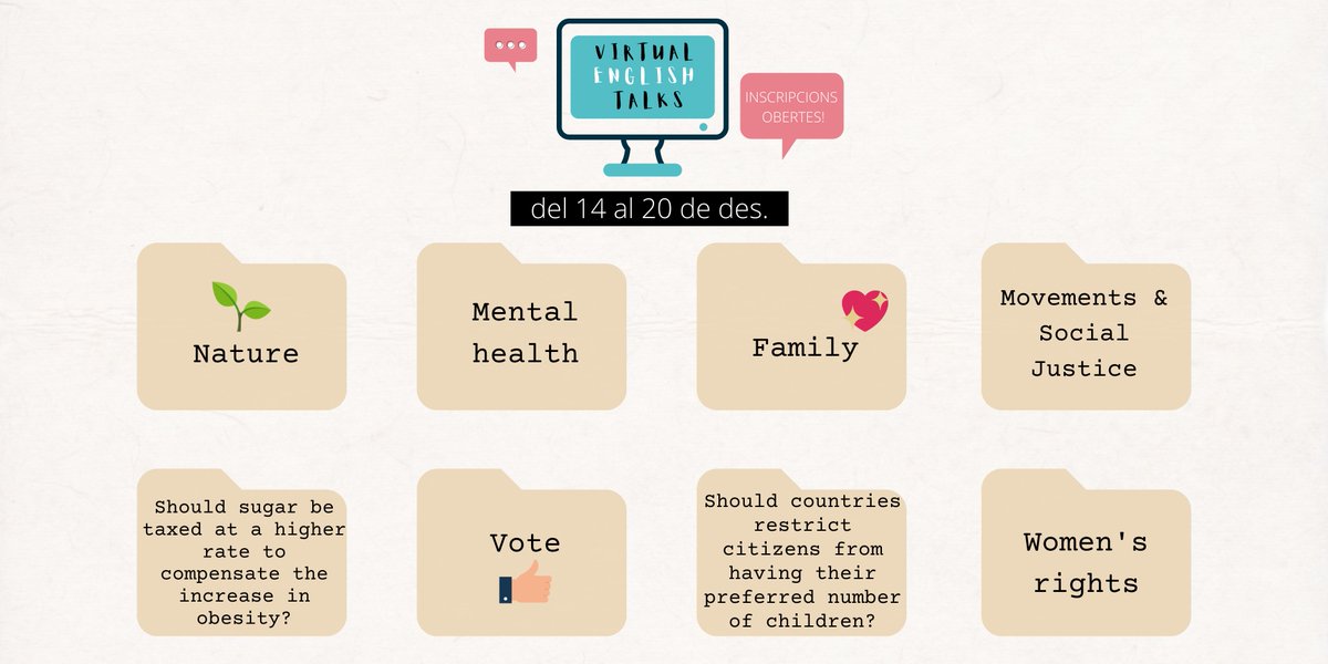 CalUniversitat's tweet photo. 💻💬 | Per cert, aquests són els temes de les VIRTUAL ENGLISH TALKS d'aquesta setmana (14 al 20 de des.)

👁️‍🗨️ I aquesta serà l'última setmana en què tindrem debats diaris!

Aprofita i apunta-t'hi abans de la pausa de Nadal.
🔗https://t.co/snszvwOqWS https://t.co/VONF6oIyhJ