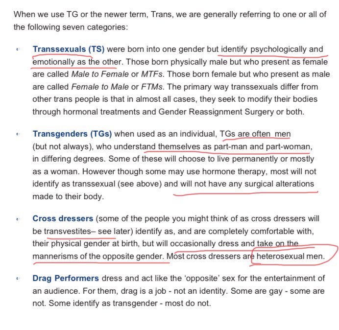 Interesting terminology here. TS are “emotionally and psychologically” a different gender.  (Sexist Tosh) Transgender defines as “part man, part woman”. Most won’t have surgery. Also “cross-dressers are “mostly heterosexual men”. Yep. We noticed.