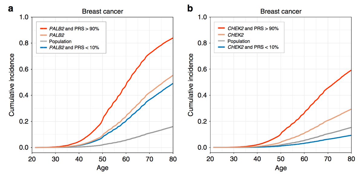 The relative risks for the PRS were similar in mutation carriers and in non-carriers. The PRS modified the risk considerably in both CHEK2 and PALB2 mutation carriers, e.g. CHEK2 and a PRS in the protective tail conferred a lifetime risk lower than the population average.4/7