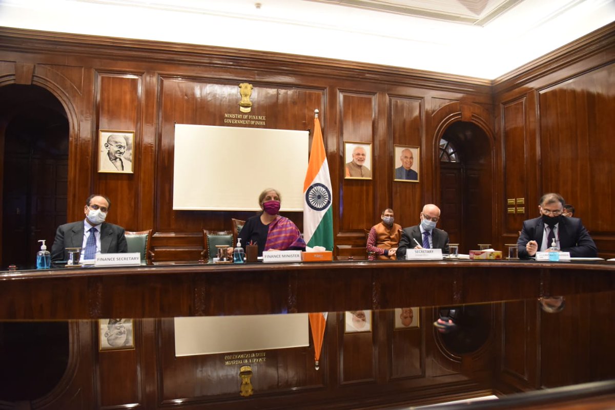 FinMinIndia's tweet photo. Union Finance Minister Smt. @nsitharaman holding her second Pre- Budget consultations with top industrialists today in New Delhi in connection with the forthcoming Union Budget 2021-22.  
(1/2) https://t.co/saVSVanQum