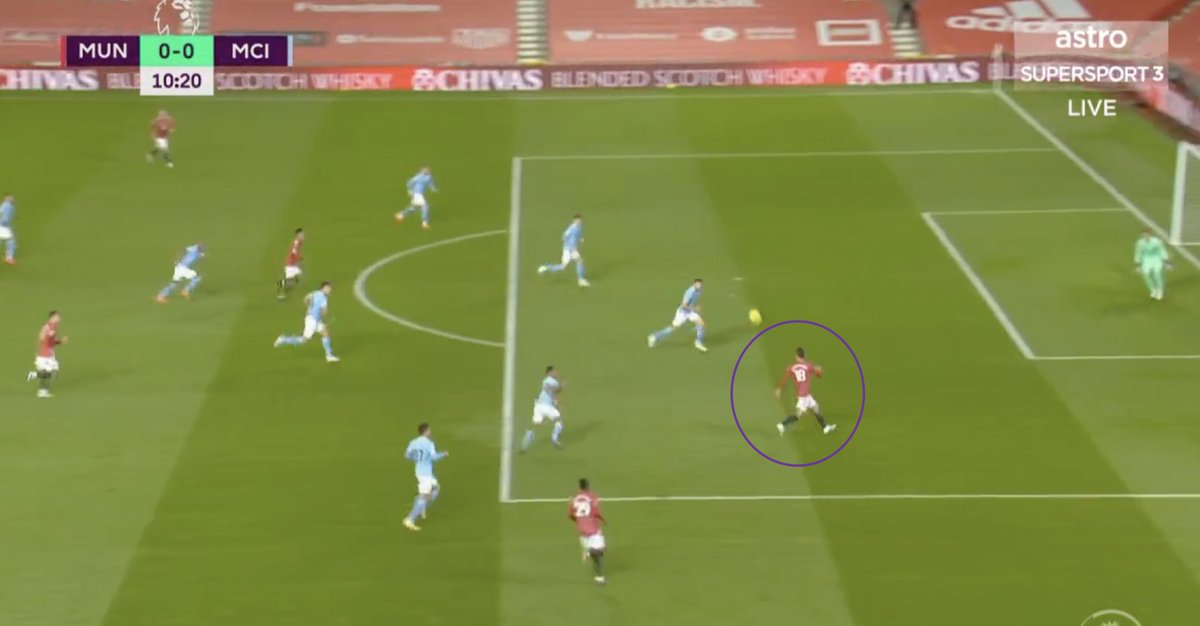 3. Team Sequence. Mason with a great incisive pass. AWB begins his overlap.Bruno makes a clever run.Issue I: not enough players in the box. Issue II: Rashy doesn’t make the run but instead asks for ball to feet. Issue III: MUN having to resort to long balls to progress.