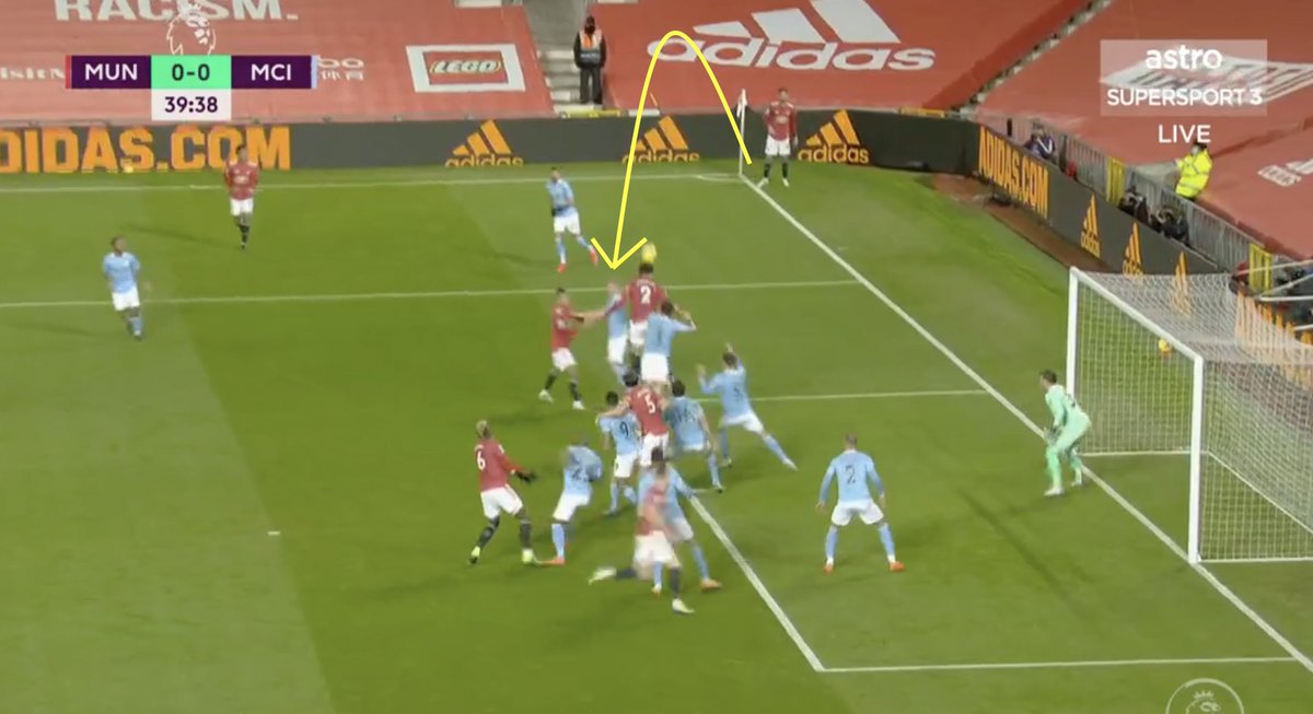 4. Set Pieces. MUN have been improving in the danger of their set pieces well this season.A. Shaw’s delivery was great but Lindelof’s timing, run and winning the aerial duel was massive to this corner (an improvement) — Scott’s run too.B. Lindelof’s run & header again.