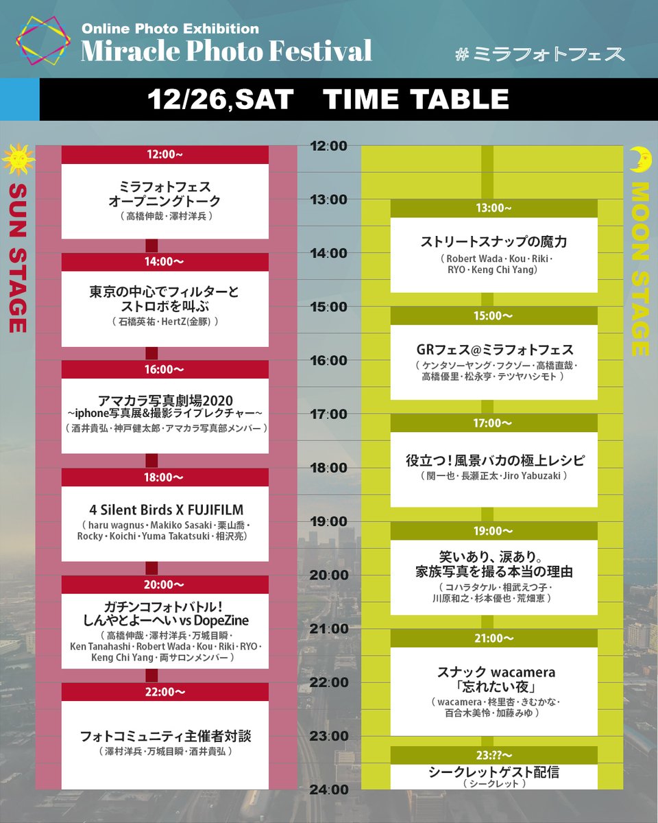 miraclephotofes's tweet photo. 【タイムテーブル大発表！】
#ミラフォトフェス のタイムテーブルを公開いたします！！
様々なジャンルの写真家による対談や、オンライン写真展、モデルたちのトークなど、2020年を締めくくるオンライン写真展最大のイベントとなります！！！

お見逃しなく！

↓以下に続きます!!↓ https://t.co/R3pfGA3fNt