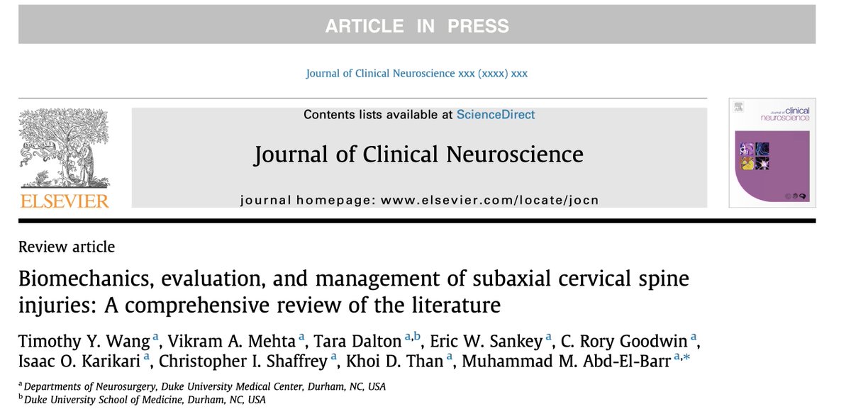 Always great to collaborate with medical students, residents and colleagues on academic pursuits.Latest paper discussing subaxial cervical spine injuries. doi.org/10.1016/j.jocn… <a href="/Dukeneurosurg/">Duke Neurosurgery</a> <a href="/DukeSpine/">Duke Spine</a> <a href="/KhoiThanMD/">Khoi Than</a> <a href="/y_timothy/">Timothy Y. Wang, MD</a> <a href="/VikramMehtaMD/">Vikram Mehta</a> @sankey