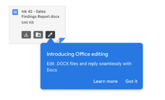 jrsowash's tweet image. Dealing with MS Office attachments in #Gmail just got easier!

Click the pencil icon to edit and return a Word, PowerPoint, or Excel Sheet. No need to download and upload the file!

Source: bit.ly/3gOi4Kv

#GoogleEDU