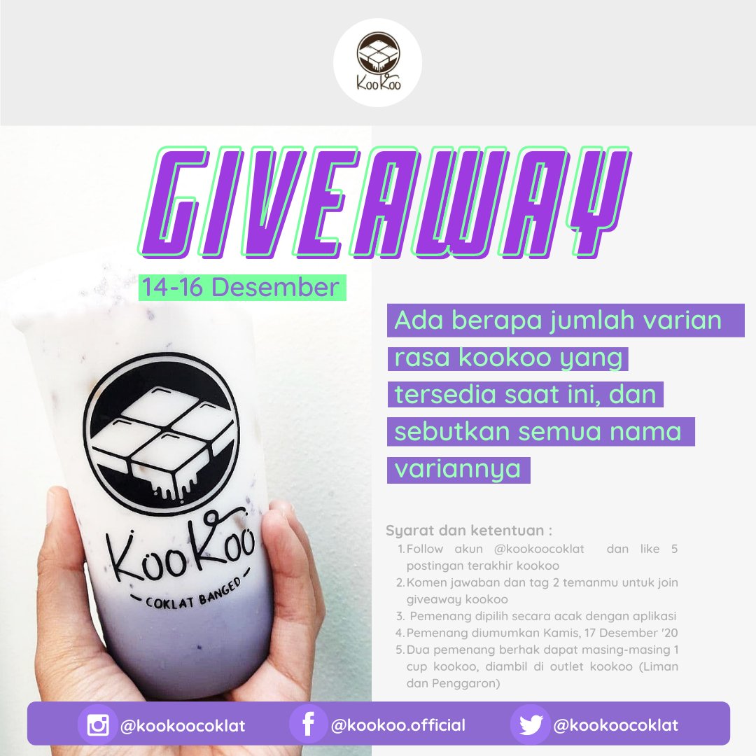 GIVEAWAY! Selengkapnya, penuhi persyaratannya melalui instagram instagram.com/kookoocoklat

#giveawaysemarang #diskonsemarang #eskopisemarang #pedurungankidul #pedurungan #penggaron #semarang #kotalamasemarang #kopisususemarang #escoklatsemarang
