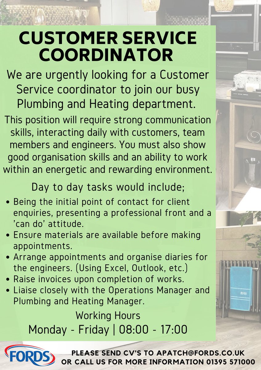 Fords (@fordssouthwest) on Twitter photo WE'RE HIRING! π£
We are urgently looking for a Customer Service Coordinator to join our busy Plumbing and Heating department!
For more information, call us on 01395 571000 and ask for Aaron or Julie, or send your CV's over to apatch@fords.co.uk
#Sidmouth #NewJob #JobVacancy WE'RE HIRING! π£
We are urgently looking for a Customer Service Coordinator to join our busy Plumbing and Heating department!
For more information, call us on 01395 571000 and ask for Aaron or Julie, or send your CV's over to apatch@fords.co.uk
#Sidmouth #NewJob #JobVacancy