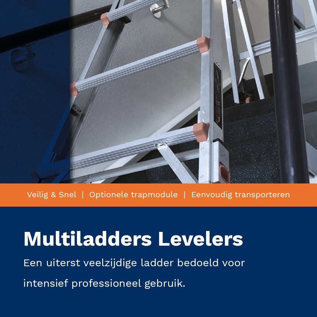 De Multiladder Leveler is een uiterst veelzijdige ladder bedoeld voor intensief professioneel gebruik. Doordat de ladderdelen onafhankelijk van elkaar per sport kunnen worden versteld, is de ladder uitermate geschikt voor trappenhuizen en ongelijke hoogtes.