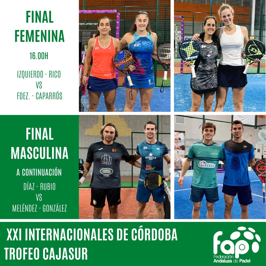 faponline's tweet photo. 👑 Finales XXI Internacionales de Córdoba Trofeo Cajasur -ABS 10.000.

📍@centroplay

🔸 Final femenina: 16:00.
🔹 Final masculina: A continuación. 

📸 @clubsierramorena 

#FAP #Pádel #SomosFap #SierraMorena #Jugadores #Finales #InternacionalesCórdoba #10000 #TrofeoCajasur https://t.co/zQtOnJsXgP