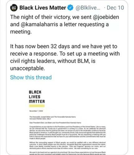 11/17 plus...added bonus...both Biden and Kamala have distanced themselves from the BLM movement by ignoring requests for a meeting...