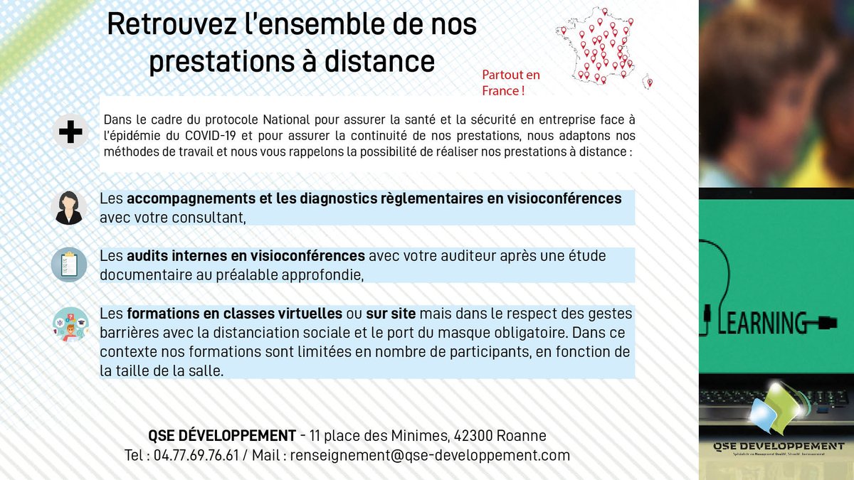 📢🔔Nos prestations d'audits, de formations, de diagnostics réglementaires et d'accompagnements se poursuivent sur site dans le respect du nouveau protocole sanitaire ou à distance !