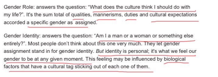 Gender Role: dictated by culture. The same the people calling us “biological essentialist” are also desperate to claim “gender” is rooted in biology. At the same time as claiming biology is a social construct invented by western imperialists.  #FeelzNotFacts Keep Up!