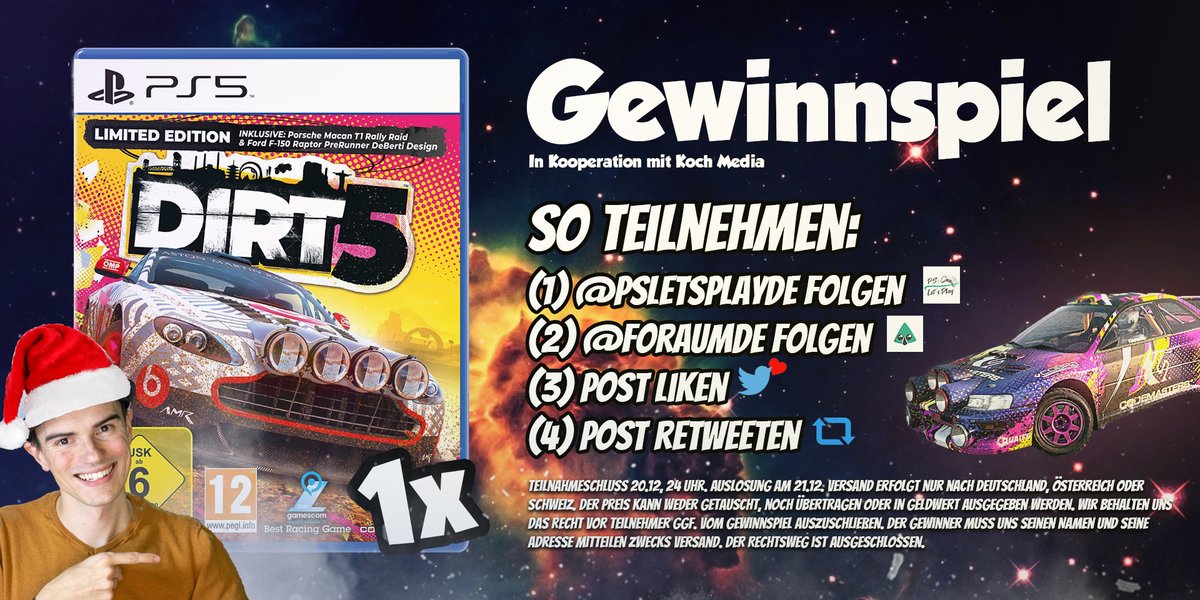 Bestell_bar's tweet photo. 📣 Ich VERLOSE in Kooperation mit Koch Media 1x DIRT 5 für die PlayStation 5! 🥳 So nehmt ihr am Gewinnspiel teil:

(1) Mir folgen
(2) @foraumde folgen
(3) Post liken
(4) Post retweeten

Teilnahmeschluss 20.12, 24 Uhr. Versand direkt von Koch Media an den Gewinner. VIEL GLÜCK! 🎅🏻 https://t.co/zWFAy2IXtp