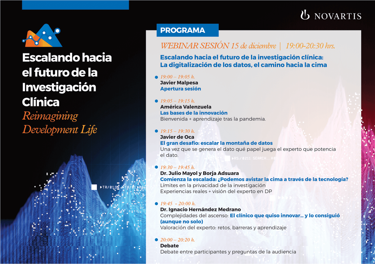 NovartisSpain's tweet photo. ¿Te interesa la #investigación, el #BigData o la #innovación?

No te pierdas nuestro webinar "Escalando hacia el futuro de la investigación clínica: la digitalización de los datos, el camino hacia la cima"
🗓️ 15 de diciembre
⏰ 19h - 20:30h.
➡️ https://t.co/HoHl19sv9K

Programa👇 https://t.co/38pgaiQslo