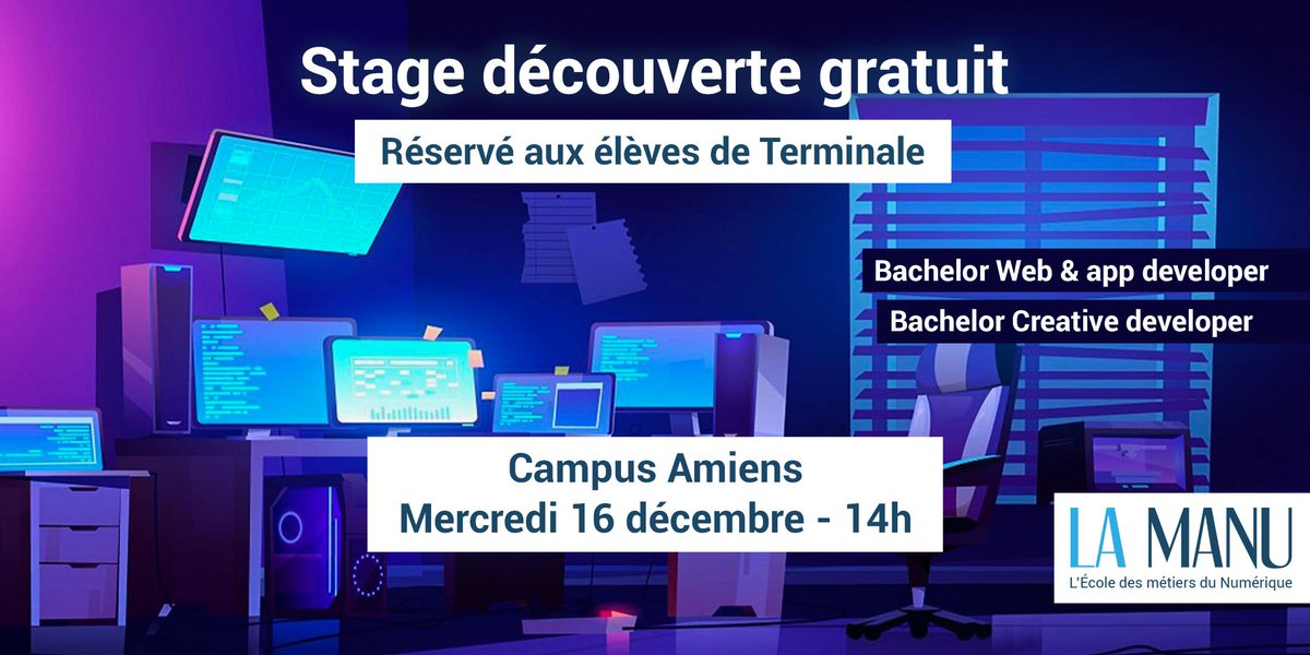 LaManuFormation's tweet photo. Pour les lycéens nous organisons des stages gratuits de découverte du développement web et webdesign 👩‍💻👨‍💻

#Amiens : mercredi 16 décembre

🔴 Inscription : https://t.co/FTK3RijaxS https://t.co/hetj9kErlt