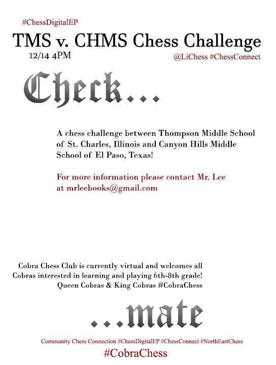 mrleebooks's tweet photo. We got ourselves a #chess challenge after school today with Thompson Middle School from St. Charles, Illinois #ChessConnect #CobraChess #ChessDigitalEP If you're a middle school out there with beginner to intermediate level players reach out we'd love to play #check https://t.co/JIGtQ7NIg0