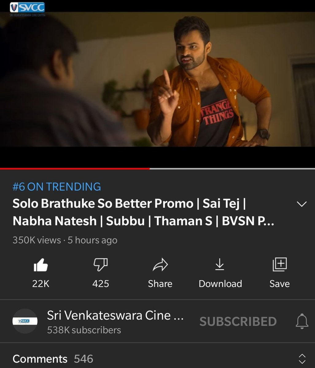 SaiDharamTej_FC's tweet photo. #ViratSlokas -
#SoloBrathukeSoBetter New Promo is trending at #6 On @YouTubeIndia .
#SingleArmy πͺ
β‘οΈ https://t.co/BZYtlZ7Jxf
@IamSaiDharamTej @NabhaNatesh @subbucinema @MusicThaman @SVCCofficial @BvsnP @bkrsatish @vamsikaka @ZeeStudios_
π₯ #SBSBOnDec25th π₯ https://t.co/qbestRfOam