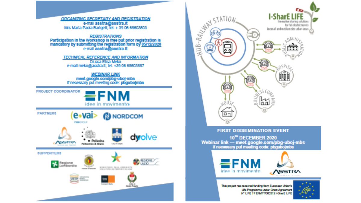 AssTrasporti's tweet photo. 1° #Dissemination #event del Progetto #isharelife @FNM_Group @CPoliedra @Dyvolve @nkosijek “Soluzioni innovative per viaggi in modalità condivisa e totalmente elettrica in piccole e medie aree urbane” . Meeting docs: https://t.co/thQjDVjPiv 
Info: https://t.co/ChmCQ1Y8sr https://t.co/646DIitTh0