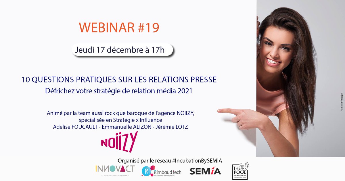 [Webinar Réseau #incubationbysemia]

Rendez-vous ce jeudi à 17h pour un webinar "10 questions pratiques sur les relations presse"
Inscription obligatoire : cutt.ly/ShSpQtD