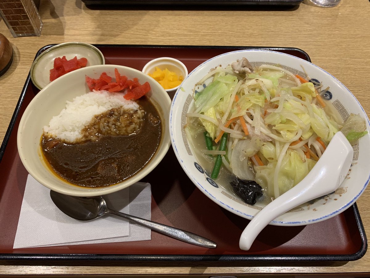 東金子メッツ 今日の麺と米 野菜たっぷりタンメン ミニカレー福神漬け多め 山田うどん 走った後のカロリー補給