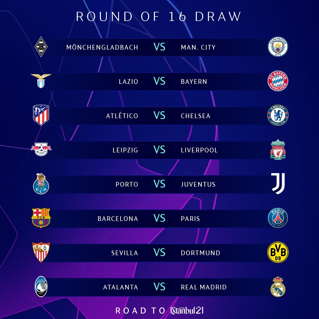elchiringuitotv's tweet photo. 🚨 OFICIAL 🚨 Así quedan los octavos de Champions:

ATLETI 🆚 CHELSEA

BARÇA 🆚 PSG

SEVILLA 🆚 DORTMUND

ATALANTA 🆚 MADRID

#UCLdraw #sorteochampions https://t.co/e4EF9o0jqX