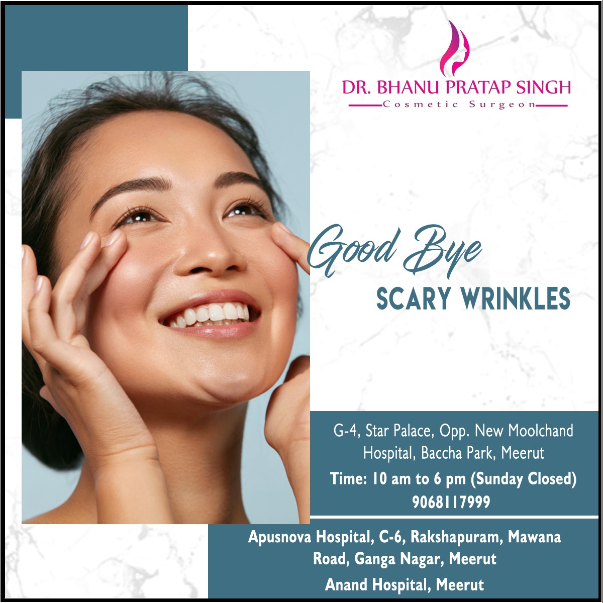 Dr_Bhanu_Pratap's tweet photo. Say goodbye to scary wrinkles and slow down your age with Anti-aging treatments by @Dr_Bhanu_Pratap.
#FaceLiftSurgery #SkinGlowingTreatment #EyelidFat #Safe #Secure #LipSurgery #DimpleSurgery #BeautifulLook #CosmeticSurgeon #DrBhanuPratap #Meerut https://t.co/cYdnMf5it6
