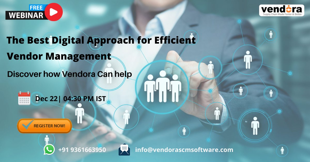 Vendorascm's tweet image. Free #webinar from #Vendora on how you "The
Best Digital Approach for Efficient Vendor Management". Chance to learn about the latest technology solution on #Vendormanagement. Don't miss it. Limited seats only
bit.ly/2W4yntc