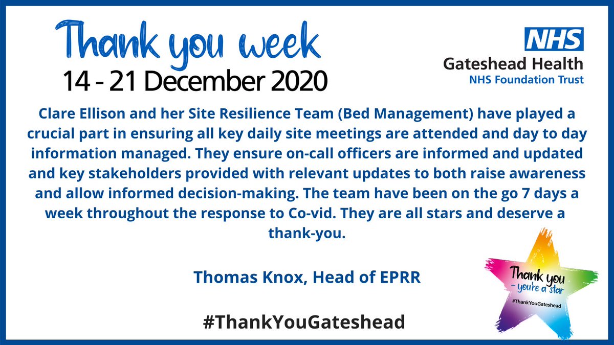 Gateshead_NHS's tweet photo. Thank you @claireelly4277 and the Site Resilience team (bed management) who have played a crucial part in managing the pandemic here at #QEGateshead. 🌈💙 #ThankYouGateshead https://t.co/ZvRawl7GrG