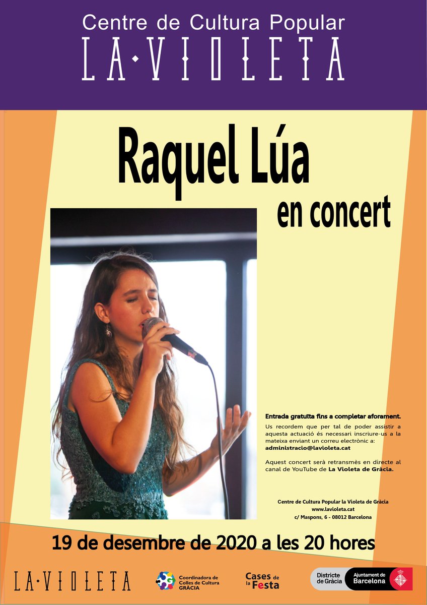 La Violeta de Gràcia (@violetadegracia) on Twitter photo 🎶 Seguim amb el concert de la <a href="/raquel_lua_/">Raquel Lúa</a> que teníem programat per La castanyada i vam haver d'anul·lar. És gratuït, el podreu gaudir presencialment (apuntant-vos a administracio@lavioleta.cat), o a través del nostre canal de Youtube.
📆 Dissabte 19 de gener
⏰ 20h. 🎶 Seguim amb el concert de la <a href="/raquel_lua_/">Raquel Lúa</a> que teníem programat per La castanyada i vam haver d'anul·lar. És gratuït, el podreu gaudir presencialment (apuntant-vos a administracio@lavioleta.cat), o a través del nostre canal de Youtube.
📆 Dissabte 19 de gener
⏰ 20h.