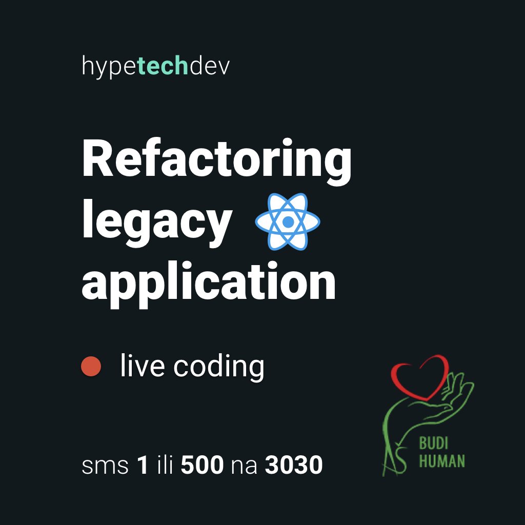 HypeTechdev's tweet photo. Godinu završavamo humanitarnim live coding webinarom. Učešće je besplatno, a dobra je volja da li želite da doprinesete. Detalje saznajte na https://t.co/pKbYA0y1aI

#React #JavaScript #reactjs #ReactNative #refactoring https://t.co/jNzk8WuB5l