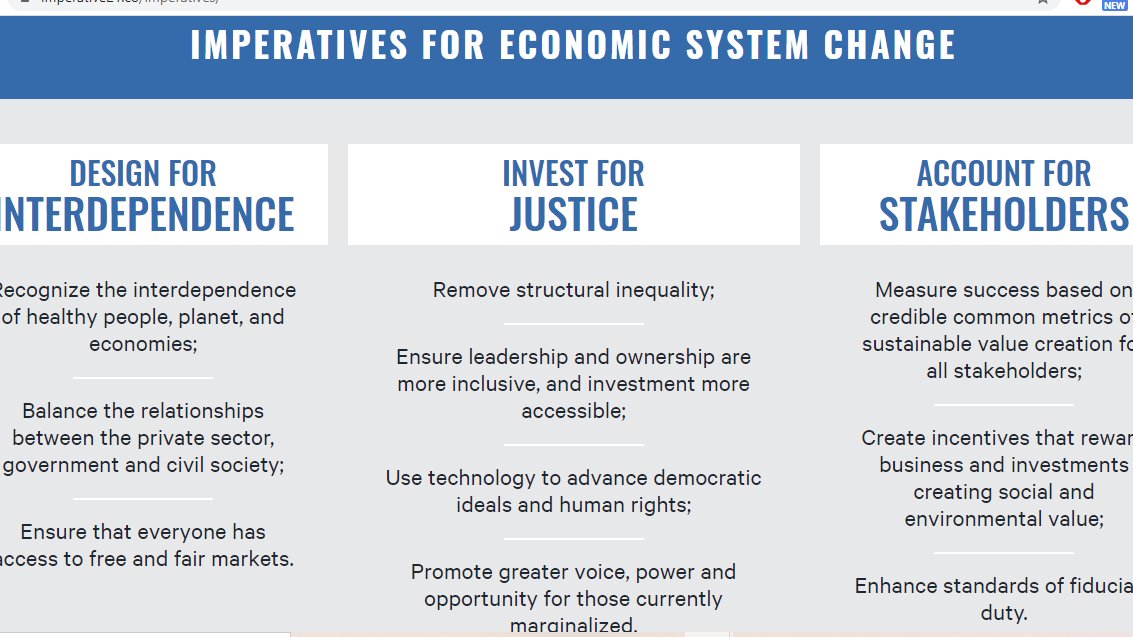 "The Imperatives describe the design objectives and characteristics of the economic system we must move toward to achieve our collective vision of shared wellbeing on a healthy planet." Whose vision? Not the vision of 99%.