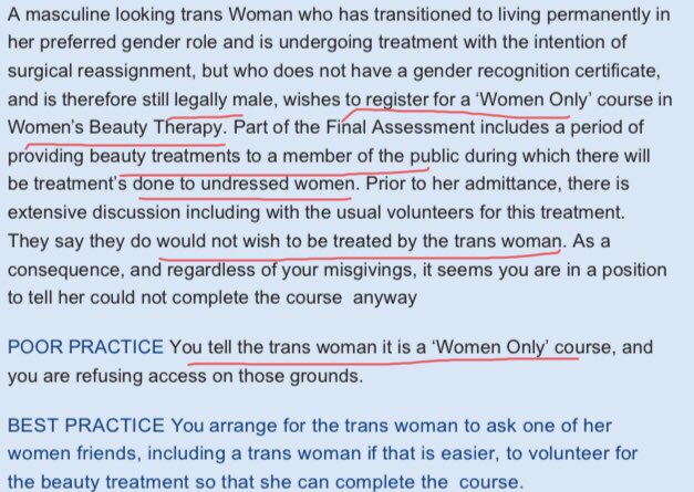 Not good practice to exclude a transwoman from a beauty course that involves naked ladies. Interesting example. Could it be that Whittle just sees women as clothes, make up and beauty regimes?
