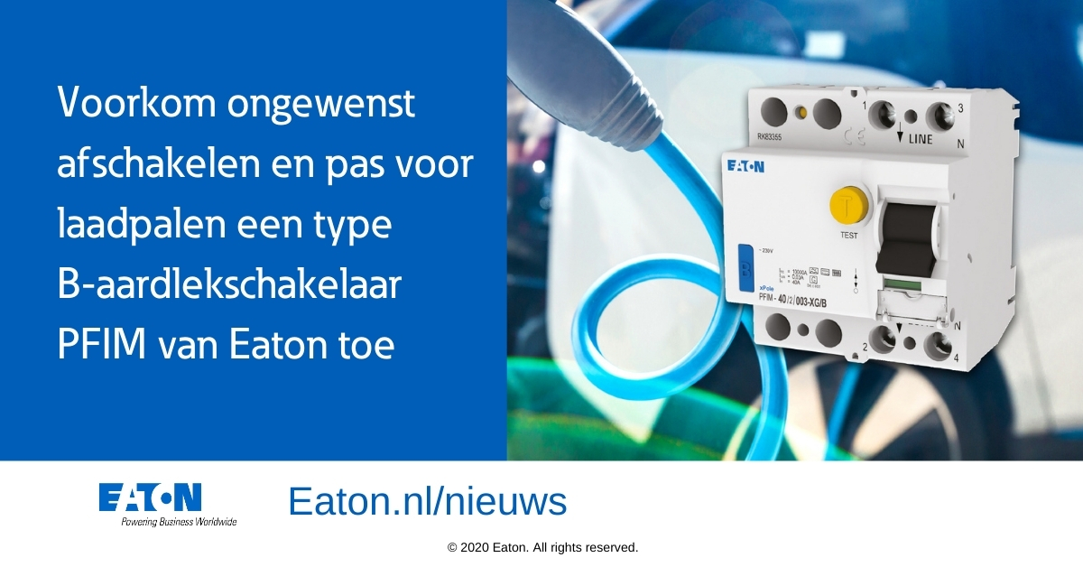 Type B-aardlekschakelaar PFIM van Eaton voor laadpalen: voorkomt ongewenst afschakelen en schakelt pas af als er zich een onveilige situatie voordoet, zodoende wordt voorkomen dat een auto ’s ochtends niet is opgeladen. Meer info: eaton.works/2IkgByI