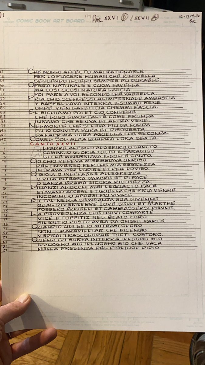 BlindBoyFrost's tweet photo. First page today. Having finished the first half last night, this went nice ‘n’ fast. I’ll run out of Comic Boards today at end of Canto XXVII. I’ll spend tomorrow erasing pencil lines from almost 100 pages instead of lettering. New boards arrive Tuesday night. #scribeproblems https://t.co/i6wDIn6R90