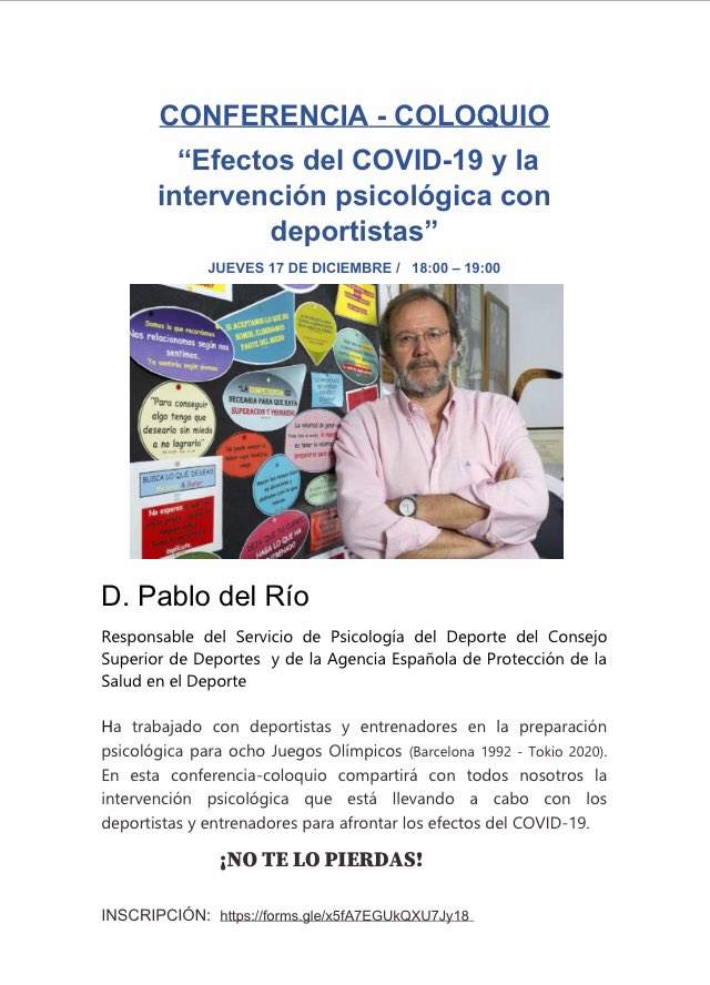 CongresoFEPD's tweet photo. Conferencia-coloquio on line “Efectos del COVID y la intervención psicológica con deportistas” by @pablorio1955    Organizada por #EKIPE 17 de diciembre. Inscripciones en https://t.co/mrATxGb7YH @fepsicodep @deportegob @CopMadrid @cop_psicologia https://t.co/3reGgebAvJ