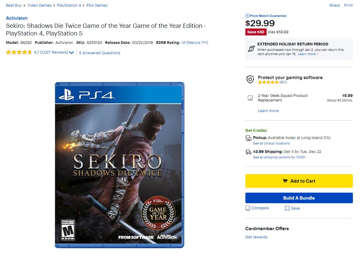 Sekiro: Shadows Die Twice Game of the Year Game of the Year Edition  PlayStation 4, PlayStation 5 88292 - Best Buy