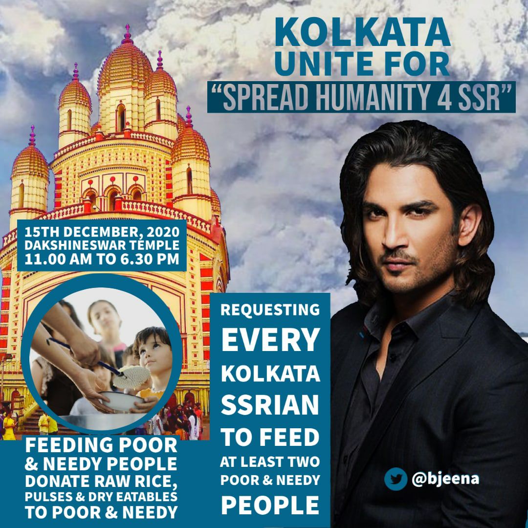 RituSudan2's tweet photo. #Oath4SSR @shwetasinghkirt
"SPREAD HUMANITY 4 SSR" Campaign, donate dry eatables.
Date : 15 th December, 2020
Venue: Dakshineswar Temple
Time: 11.00 am to 6.30 pm
Activities:
🔸Kalipooja For SSR 
🔸Feeding Poor &amp; Needy People 
🔸Offering Floating Diya In Holy River Of Ganges🙏 https://t.co/md5k6Zy7kh