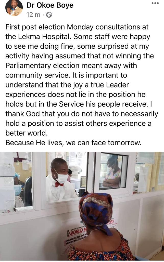 Akufo-Addo Dr. Okoe Boye has resumed consultation at the Lekma Hospital😊😊 Am happy to know he's back to help his community again💪 God bless our Leaders🙏