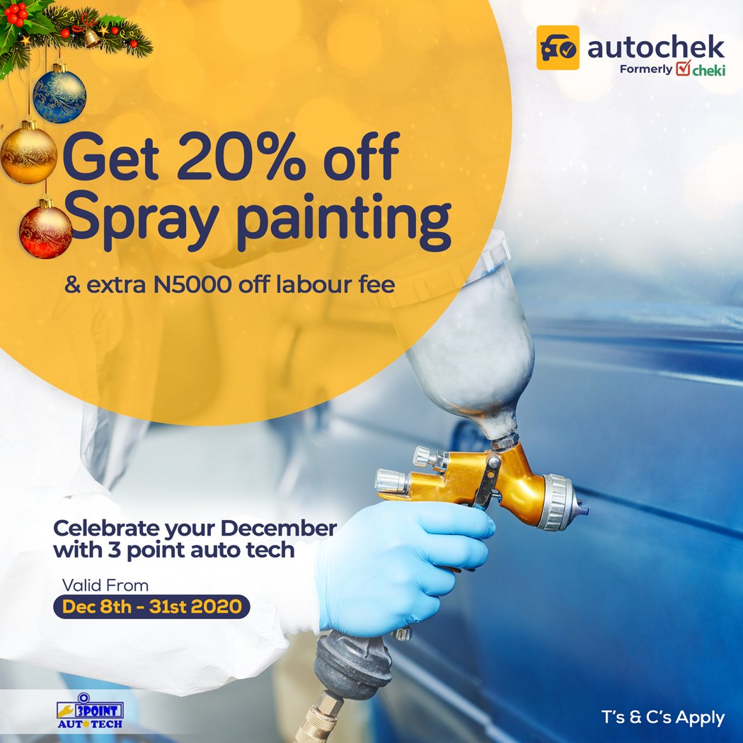 AutochekAfrica's tweet photo. Do you want to spray paint your car?

With 3 points Auto tech, you get a 20% discount on spray painting your car and an extra N5,000 off labor fees.

What are you waiting for? 😉

#DiscountDecember https://t.co/QAIfsXowWD