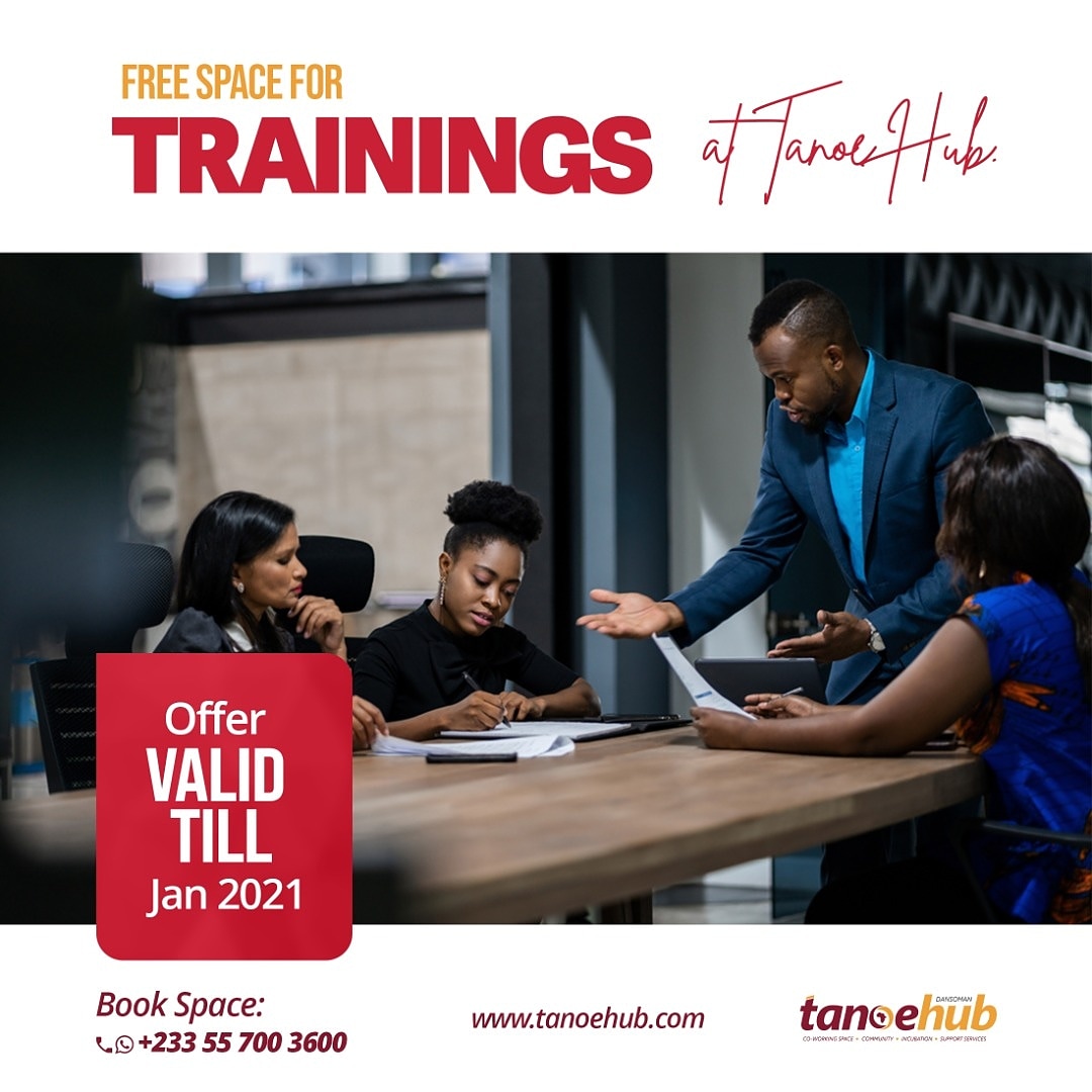 TANOEHub's tweet photo. Are you an Entrepreneur or a Startup ,do you need a space for your trainings, conferences and meetings? Reach out to us, we are open to support you! Offer lasts  till January 2021.
.
.
#coworking #dansoman #hub #tanoehub #innovation #experience #best #tech #freespace #conference https://t.co/LcIZGW2zTj