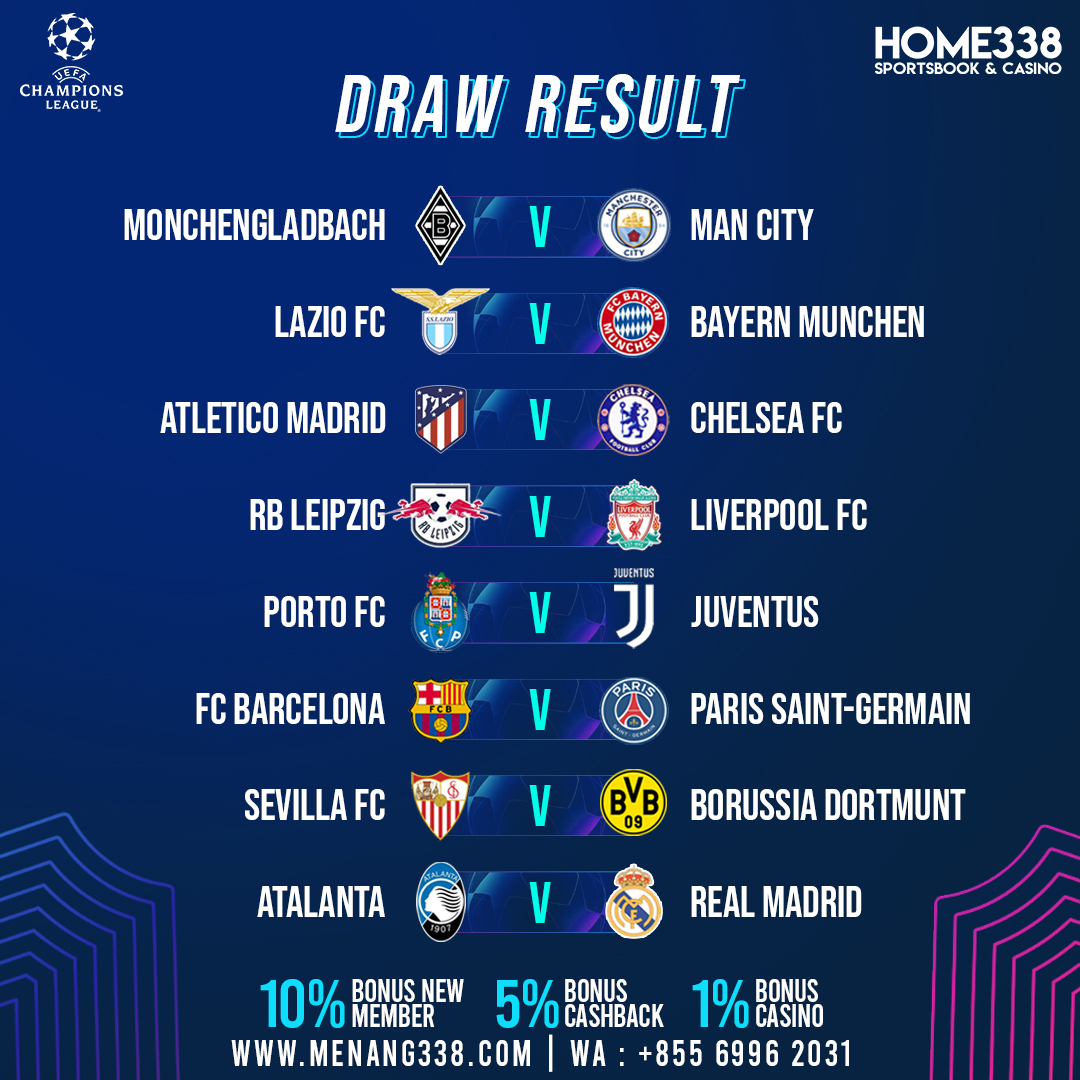 home338com's tweet photo. Hasil Drawing Liga Champions Babak 16 Besar

#UCL #drawresult #drawUCL #Ligachampions #Liverpool #Juventus #Barcelona #Atletico #Dortmund #Chelsea #PSG #SBOBET #Home338 https://t.co/6YbKMDAHAg