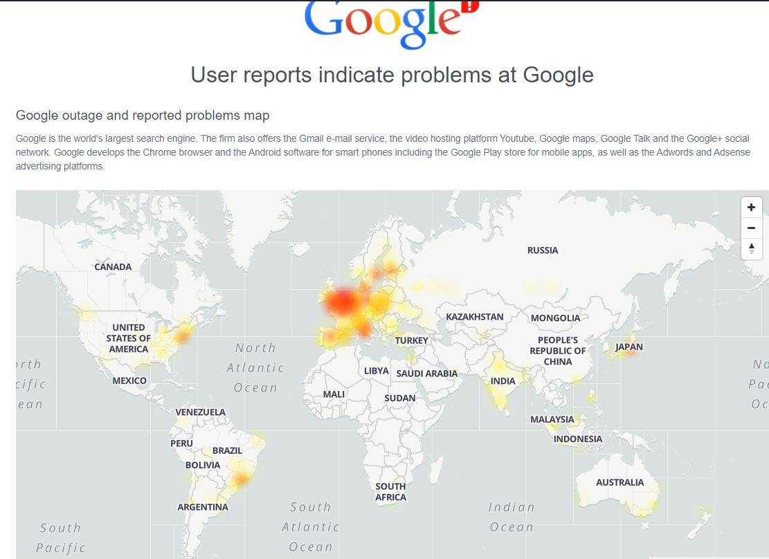 MalcolmMoore's tweet photo. It's not just your Google. Early map from @downdetector https://t.co/y4YjUVmh7x